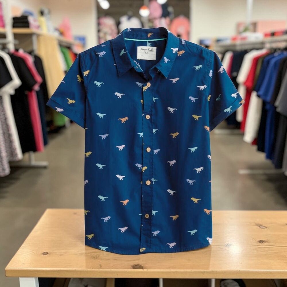 Sovereign Code Boys All Over Print Button Up Shirt Navy Size 8 NWT New Woven